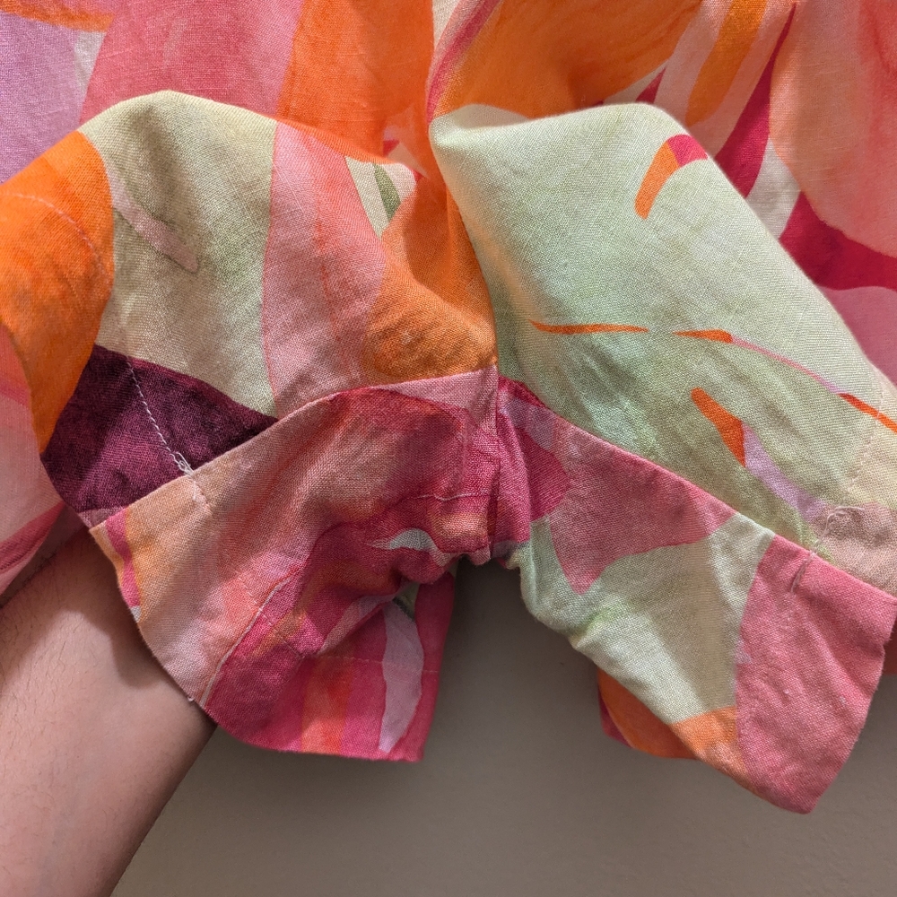 H&M Linen Blend Pull-On Shorts High Waist Pockets Pink Orange Leaf-Patterned- L - Picture 8 of 12